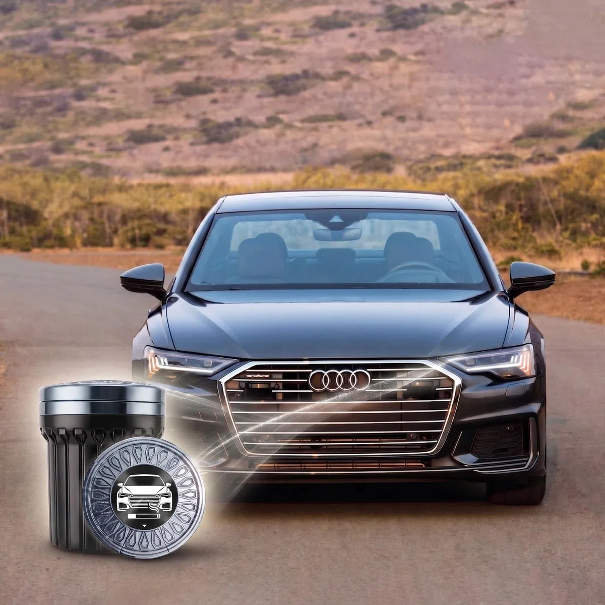 Cenicero Coche Diseñado para Audi 2025 2026 A3 Q3 Q4 Q5 Q6 Q2 A5 A6, Apertura Amortiguada Lineal, Cerámica Anti-Olor LED (Gris Antracita)