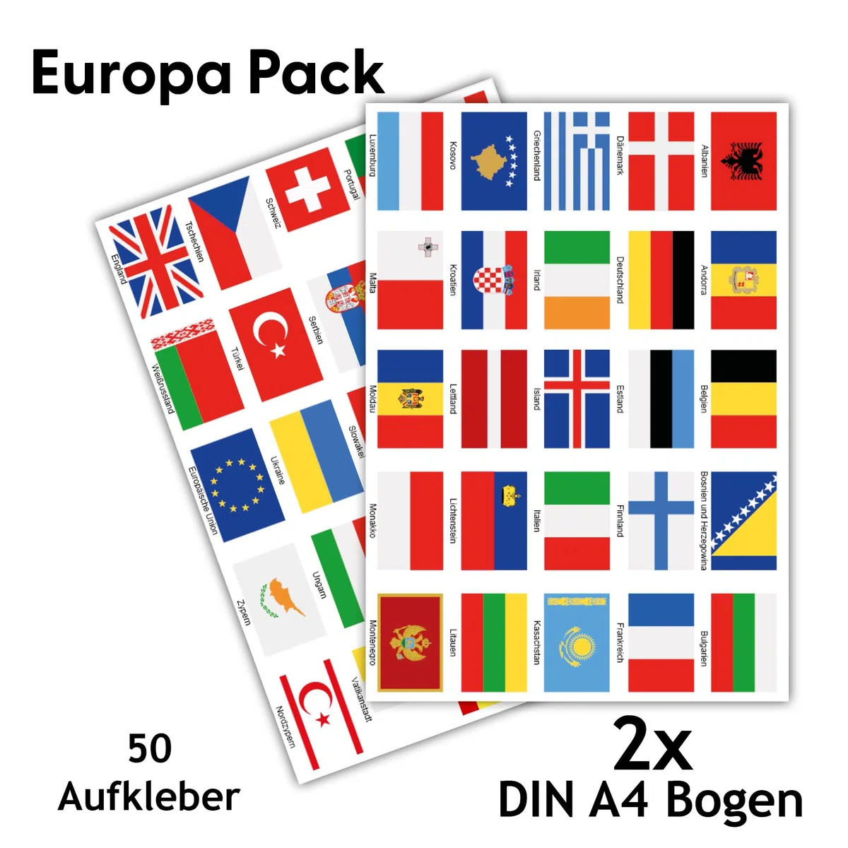 Finest Folia Juego de 50 banderas de país en 2 hojas DIN A4, cada bandera, 4,9 x 3,3 cm, pegatinas para modelismo, bicicleta, coche, moto, decoración de países R108 (Europa)