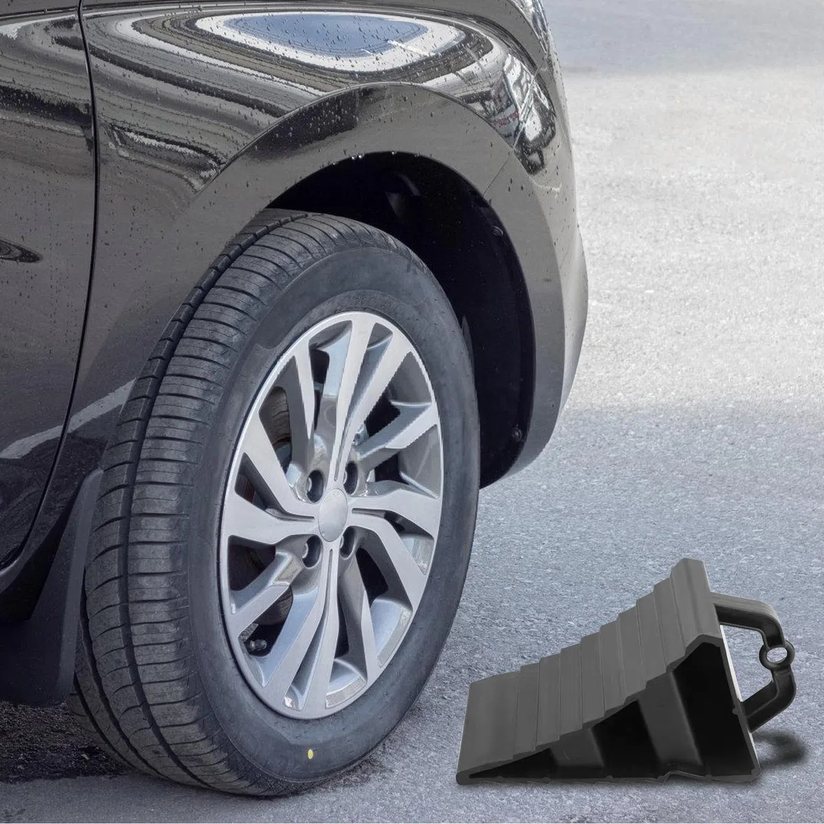 Cuña de rueda con mango: 4 piezas negro antideslizante portátil cuñas remolques, 20 x 12 x 11 cm plástico cuña de rueda cuña de freno cuña de freno para caravana cuñas de freno para remolque