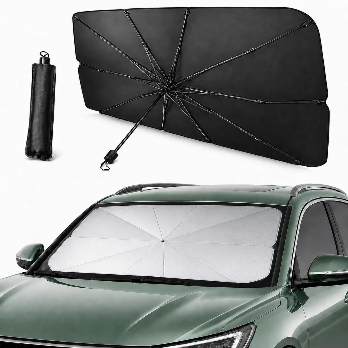 AlfaHome - Parasol Coche Delantero Paraguas Plegable con Funda – (140x80 cm) - Protección UV, Reduce el Calor Interior en Minutos, Parasol Coche Paraguas