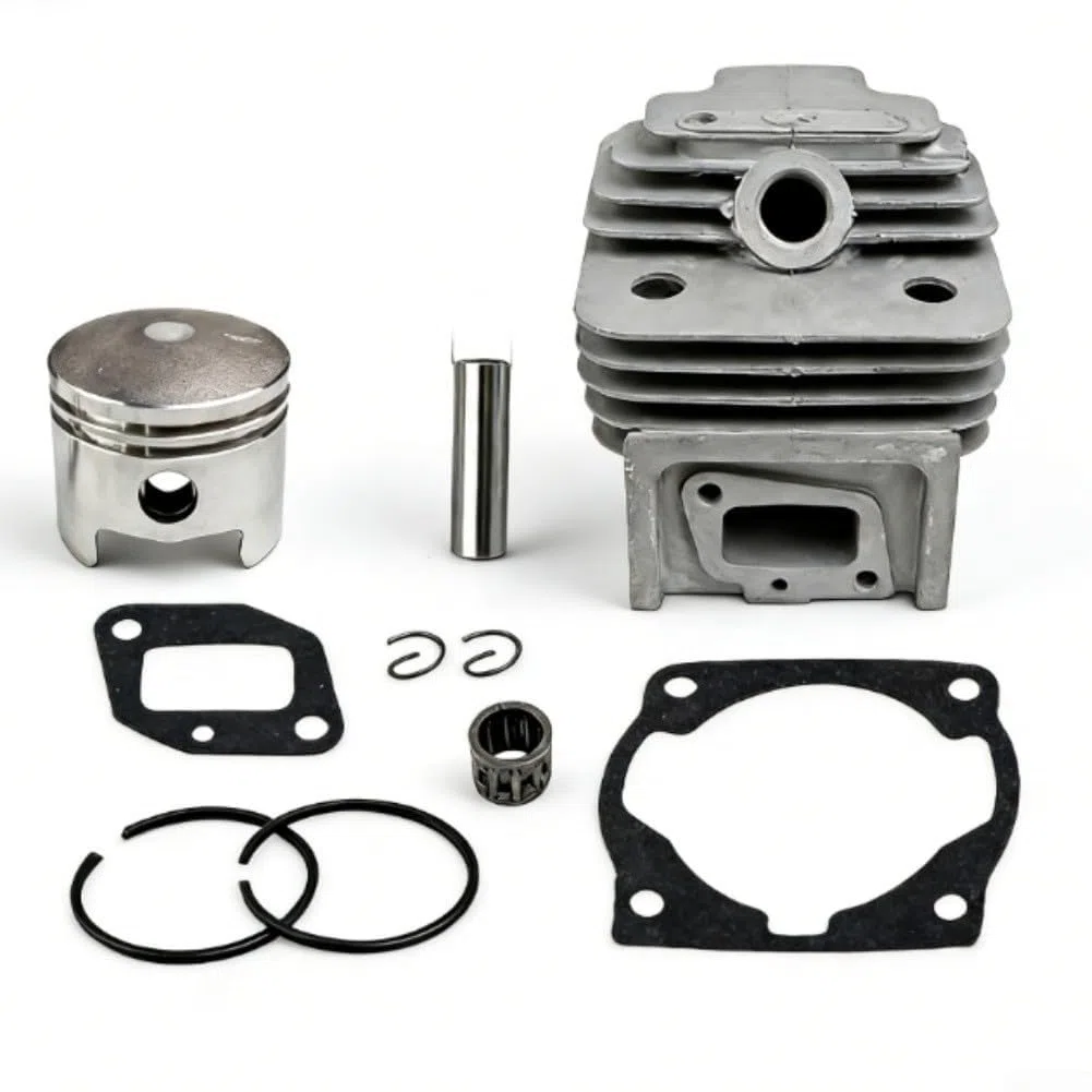 Cilindro de metal de 44 mm y kit de repuesto de pistón para motores de desbrozadora 52CC 44-5 con refuerzo integrado (A)