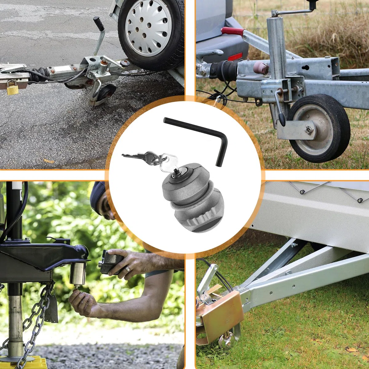 Candado de remolque de aleación de zinc, para caravanas: seguridad Hitchlock con 2 llaves, resistente cerradura de bola antirrobo para enganches de remolque comunes, plata