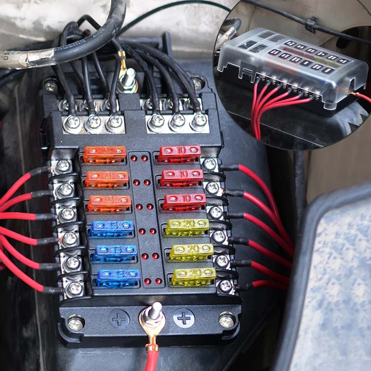 Caja Fusibles 12 Vías Portafusibles 12V Porta Fusible Coche con Indicador LED y 30 piezas Fusibles para Coche Barco Camión Camper
