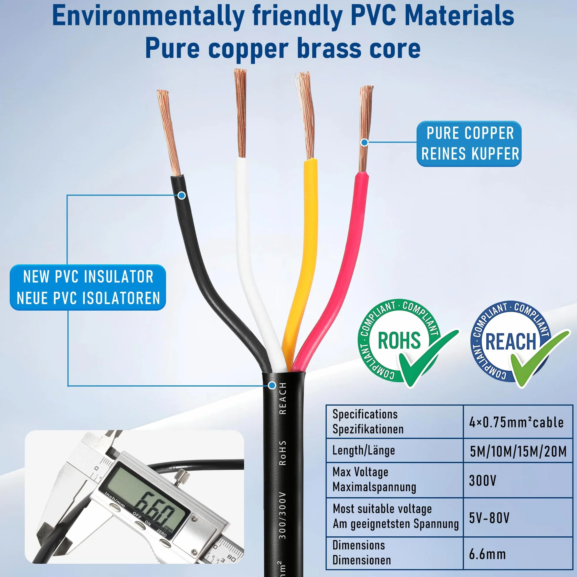 Cable de 4 Hilos para Remolque 5M,Cable de 4 núcleos Enchufe de Remolque,Cable Luces Remolque 4 Polos 12V 24V 48V 80V,Cable eléctrico para vehículo 4 x 0,75 mm²