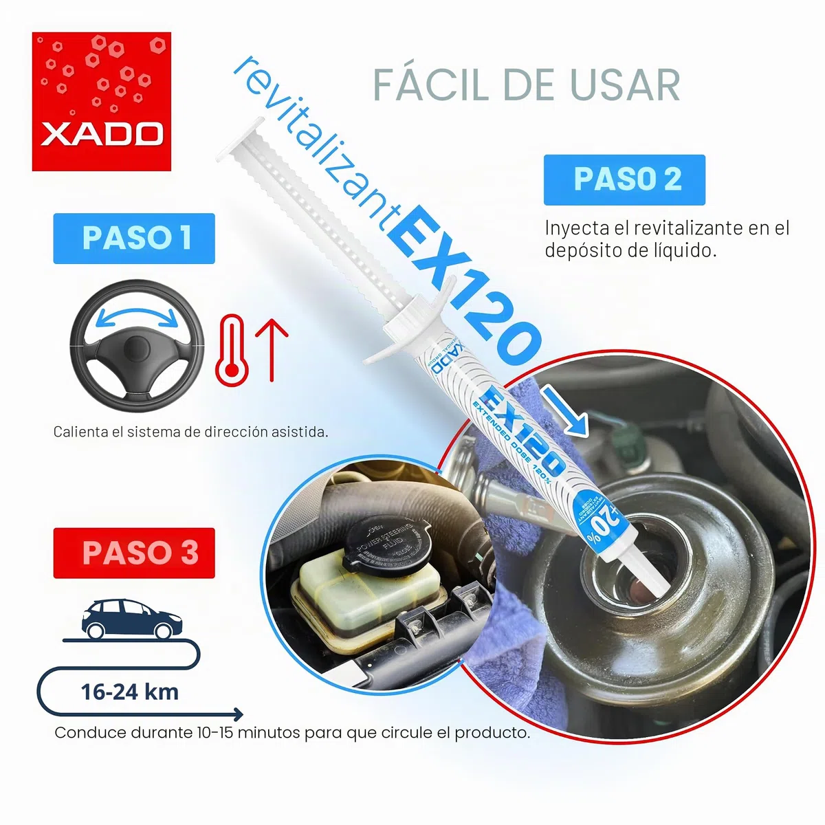 XADO EX120, aditivo para aceite de dirección asistida hidráulica con Revitalizant concentrado, protege y recupera las superficies desgastadas de los sistemas hidráulicos