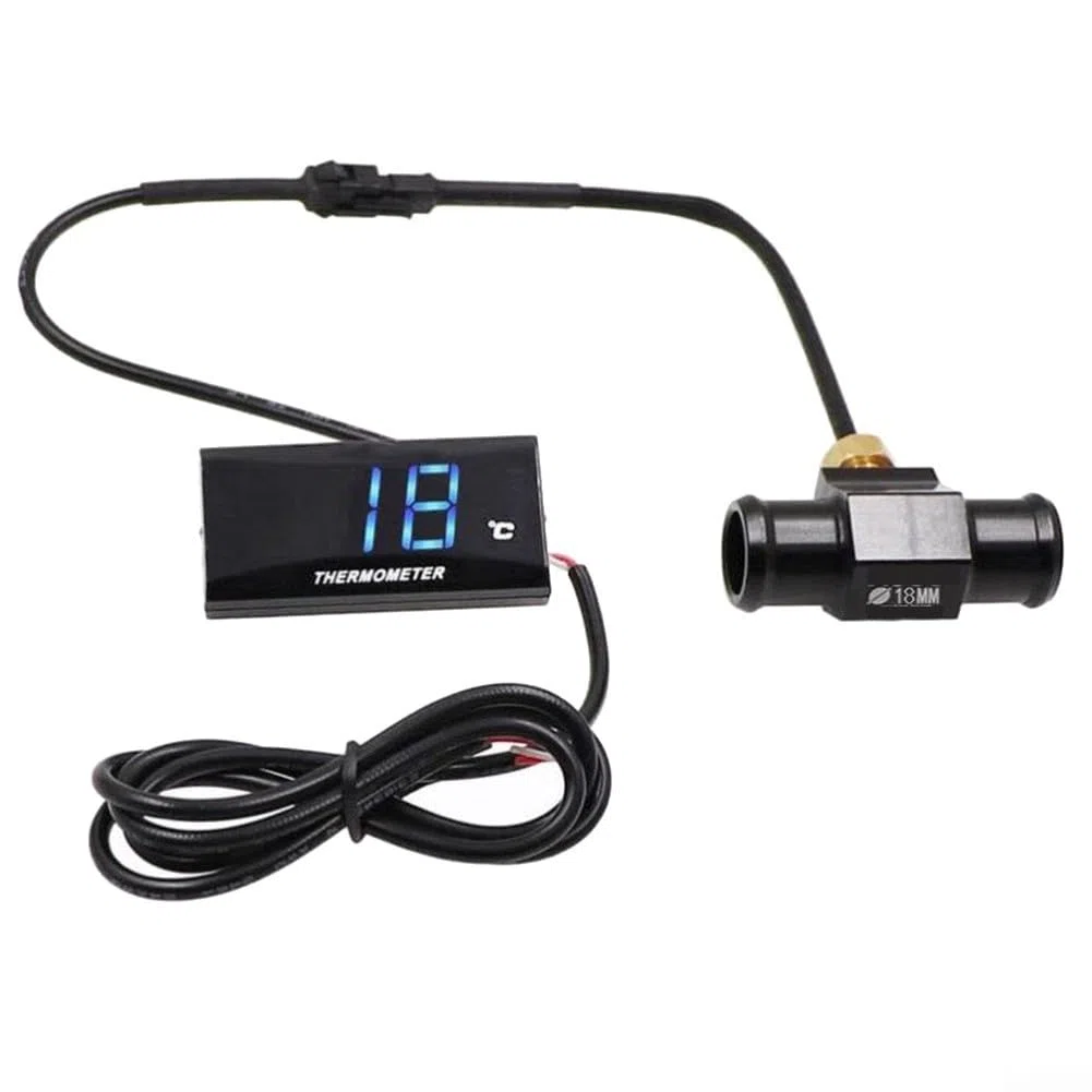 Kit de monitoreo de temperatura del agua para motocicletas con medidor LCD digital y sensor, sistema alimentado por CC 12 V con señal visual de sobrecalentamiento (18 mm)