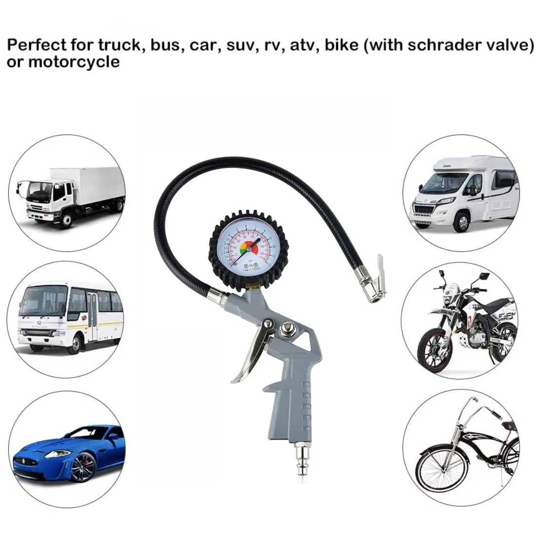 Inflador de aire comprimido 0-12 bar/170 PSI, manómetro de presión de neumáticos para coche, moto (gris)