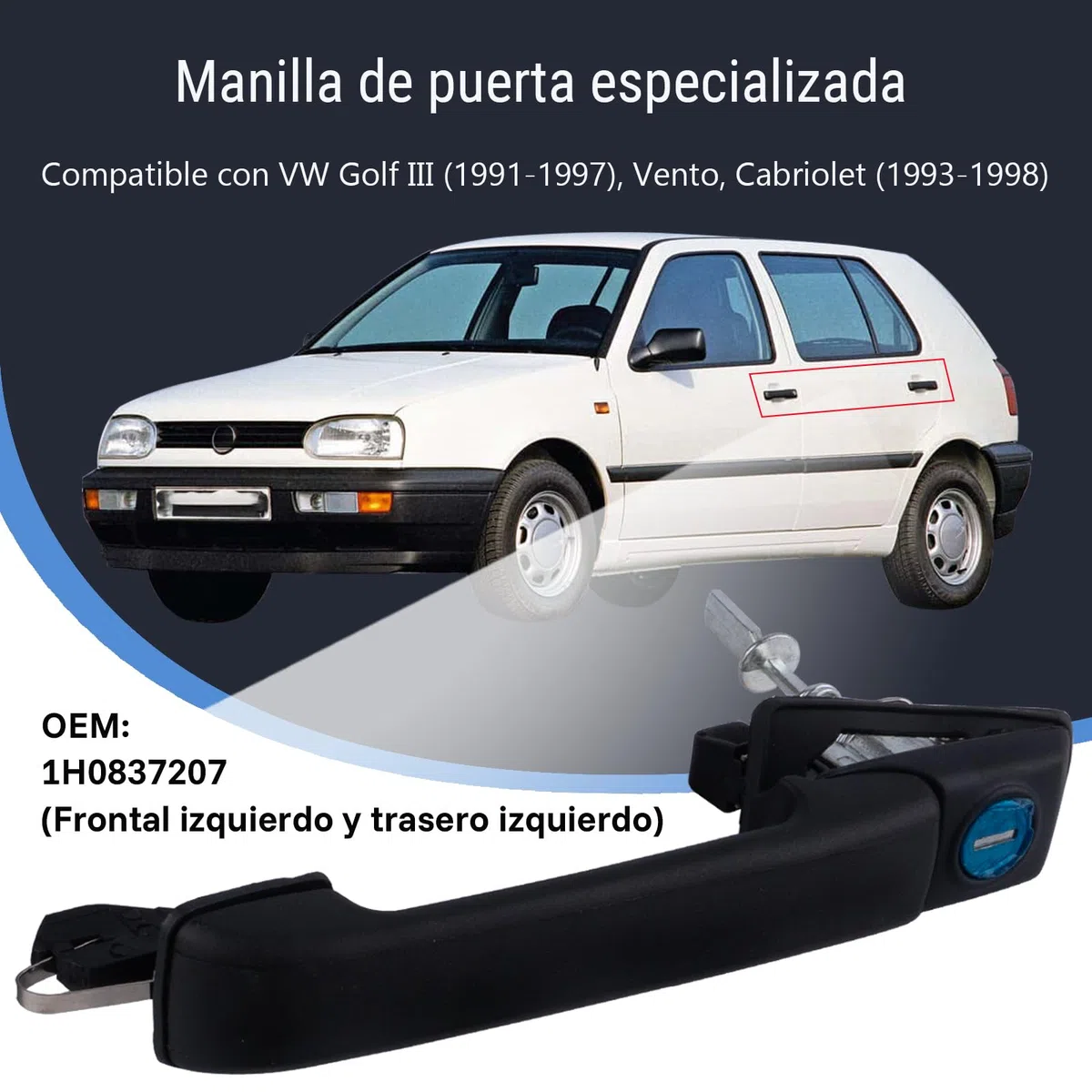 Manijas Exteriores Puerta Izquierda 1H0837207 Compatible con VW Golf 3 (1991-1997), Vento, Cabriolet | Juego de 1 Manijas Exteriores de Reemplazo para Lado Izquierdo