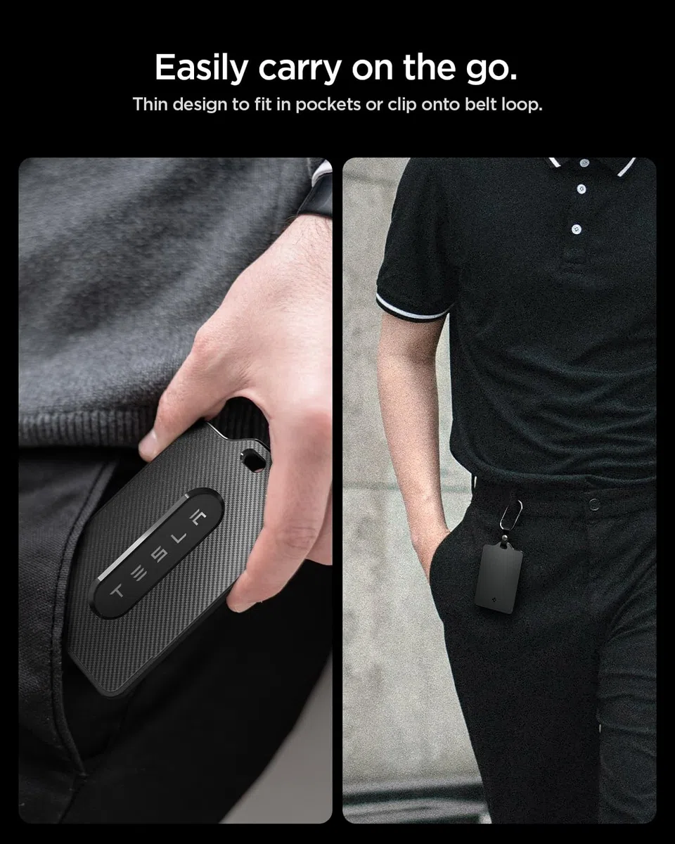 Spigen Llavero para Tesla [Pack de 1] Tarjetero Compatible con Model Y / Y Juniper (~2026), Model 3 / 3 Highland, Model S, Model X, Funda Llave para Accesorios Tesla - Edición Carbono