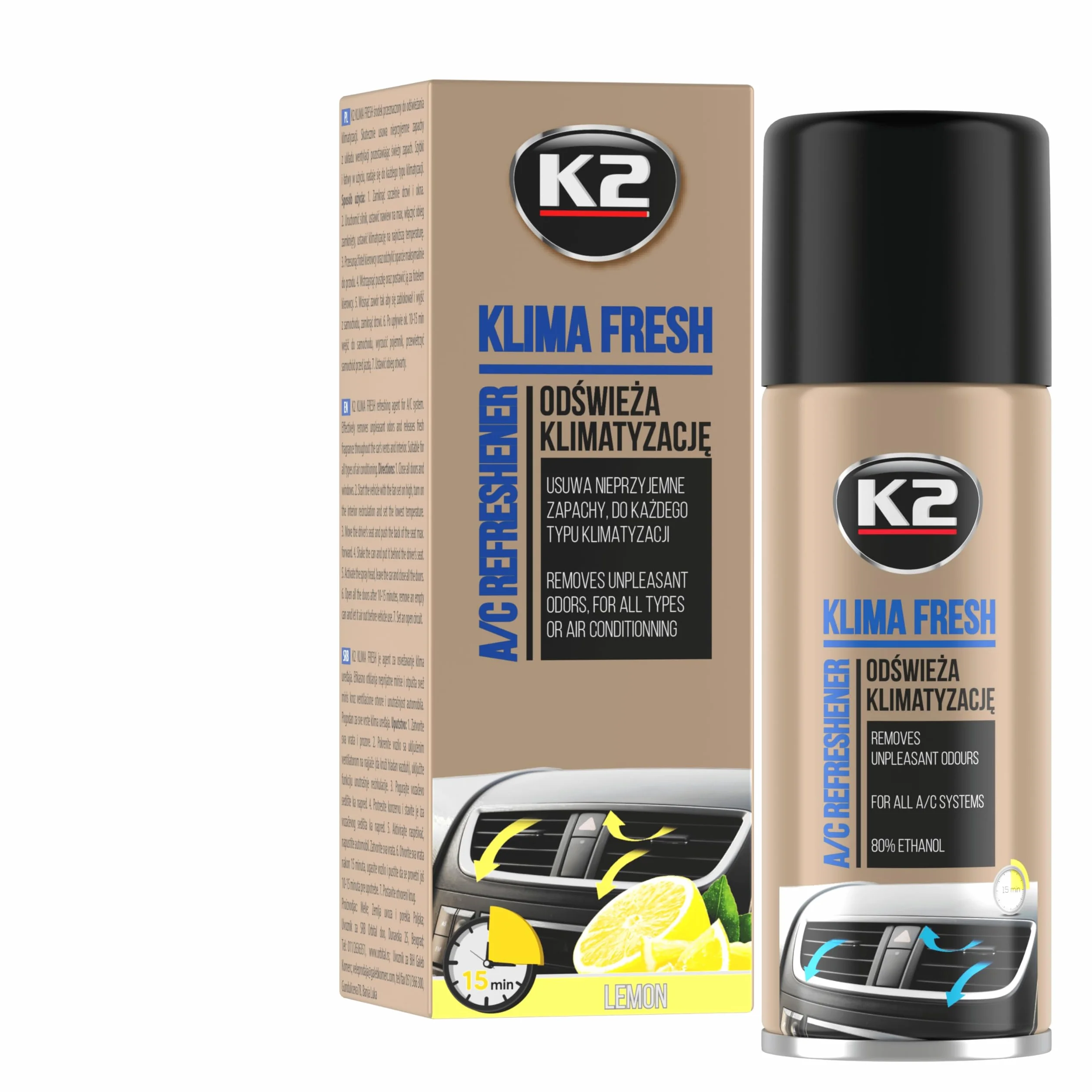 K2 Limpiador Aire Acondicionado Higienizante A/C - Limpieza y Desinfeccion Eliminador Olores - Limpia y Refresca - Antibacteriana Klima Fresh Limón 150 ml (3)
