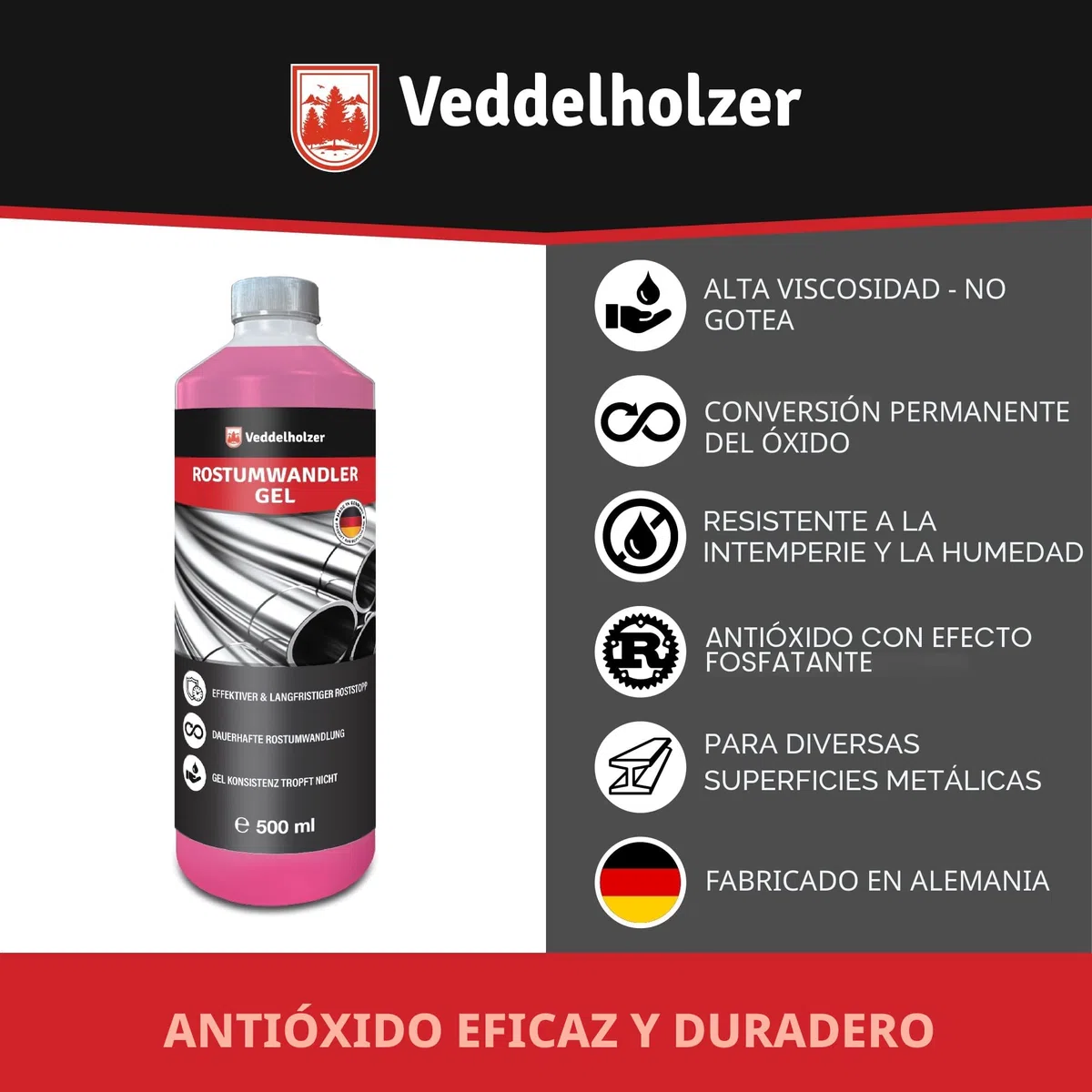 Veddelholzer Premium 500 ml Rostumwandler Gel Set incluye fieltro abrasivo y cepillo. Desengrasante de óxido, anticorrosivo, eliminador de óxido para metal, coche, moto, bicicleta, etc. Alternativa