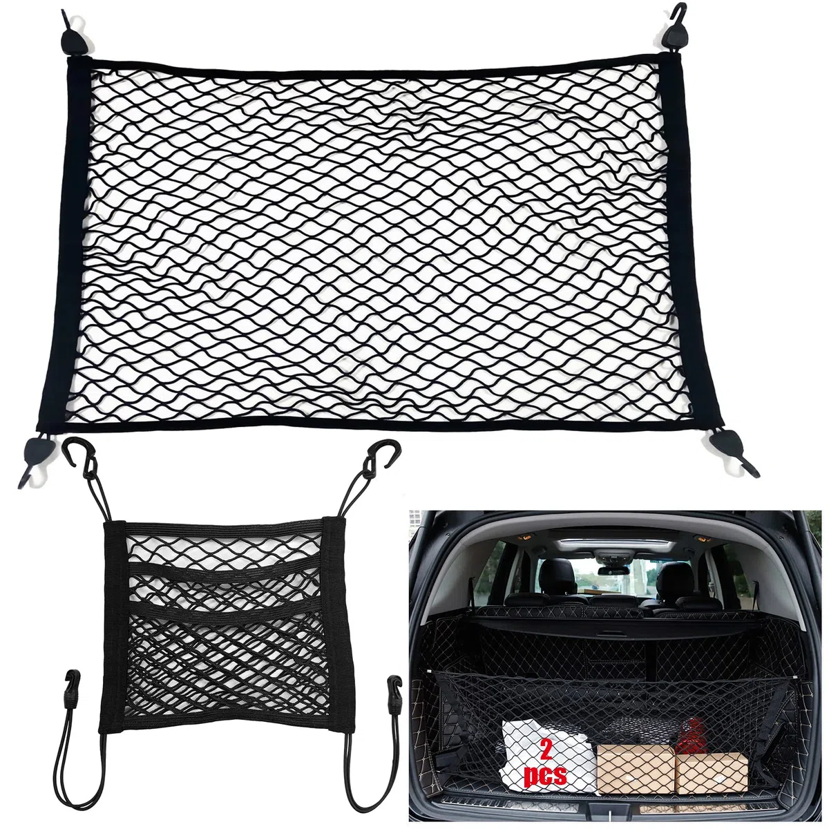 Red Maletero de Coche, Incluir 1 Almacenamiento Red se Extiende hasta 150x120CM y 1 con 3 Capas de Almacenamiento para Asiento de Coche 29 x 27 CM, 4 Mosquetones, Organizador Malla