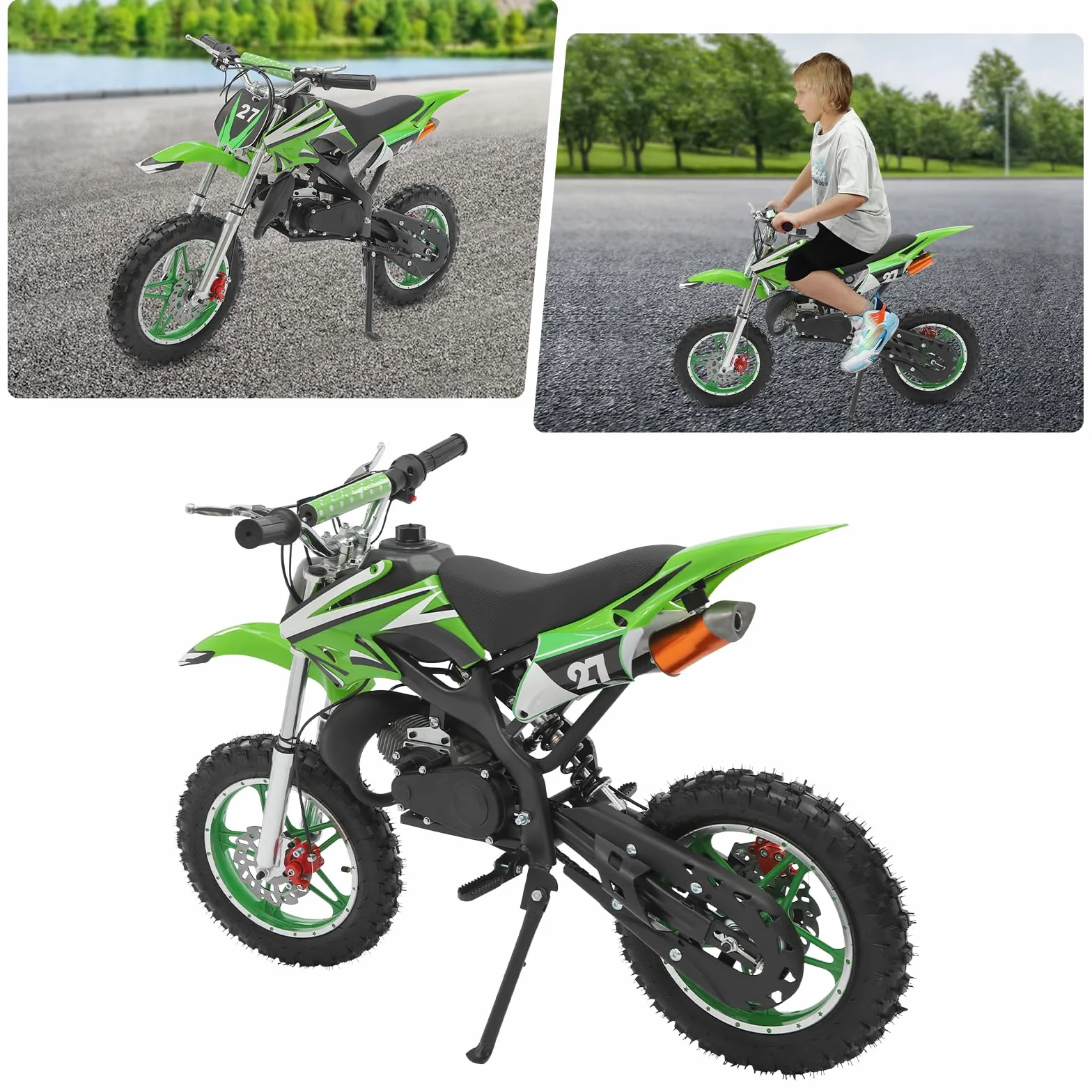 Motocicleta infantil de 49 cc Dirt Bike de 10 pulgadas, para niños de 8 a 14 años, para niños y adolescentes, color verde