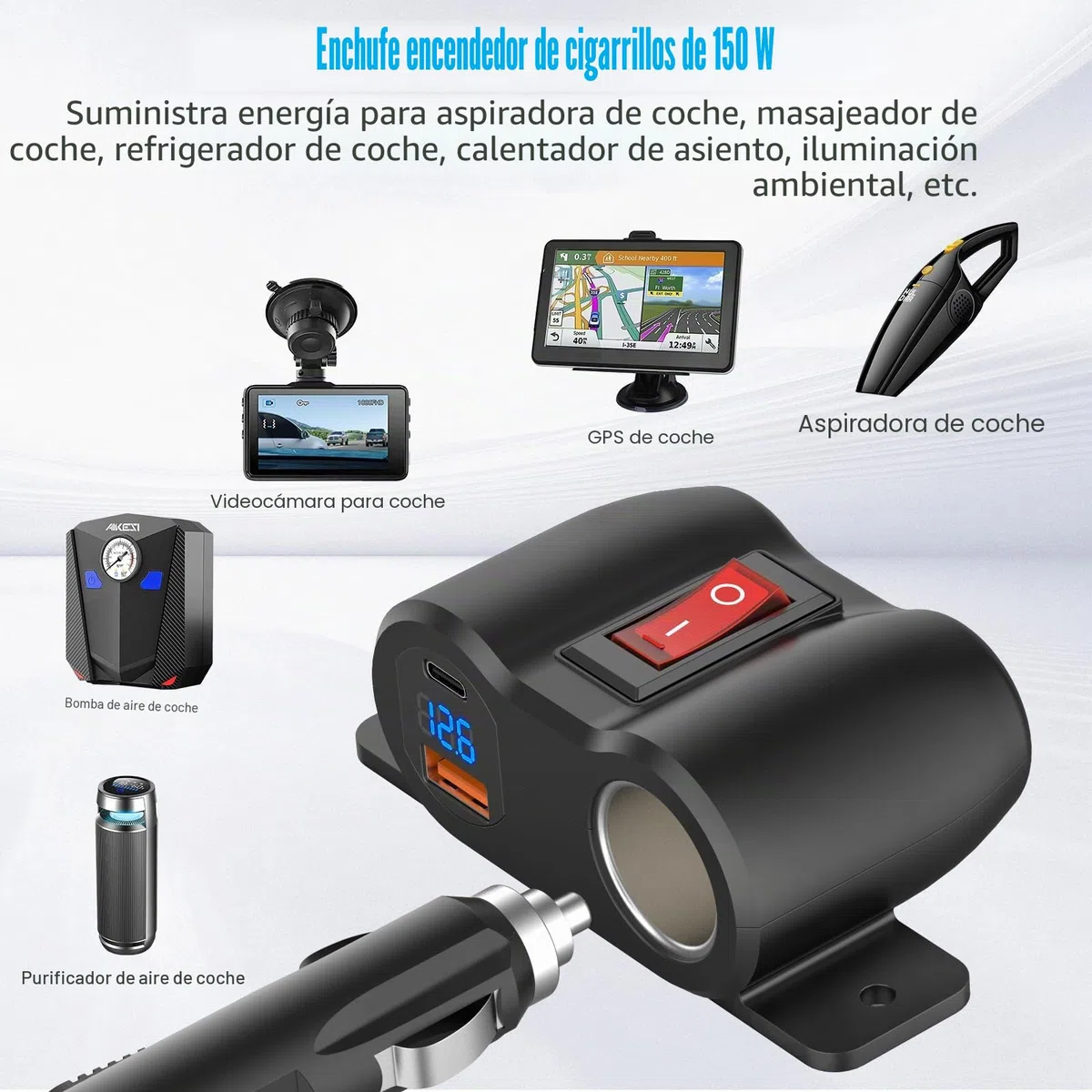 Panel de Línea de Premontaje 2 en 1 Toma USB 12V Toma de Mechero, PD 30W y QC3.0 Cargador de Puerto USB de Coche con Voltímetro LED, Adaptador Enchufe 120W con Interruptor Para Coche Barco Marina