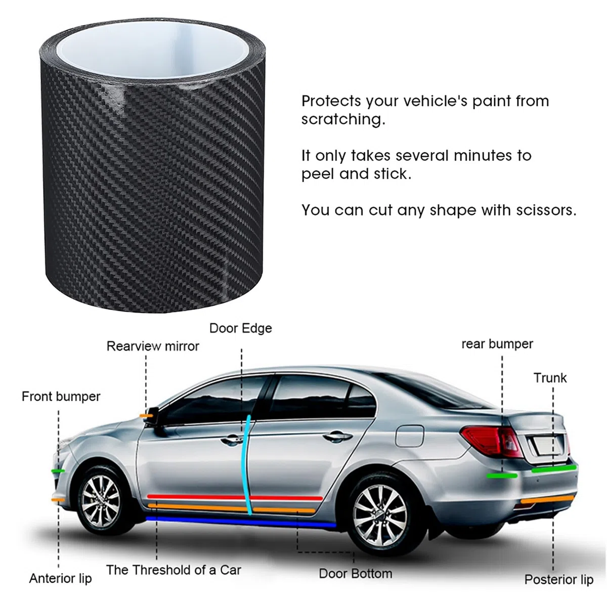 Tiras de Fibra Carbono Autoadhesivas, película Protectora antiarañazos para Coches, fácil instalación en Puertas, maleteros y Parachoques — fit for la mayoría automóviles, SUV Camiones