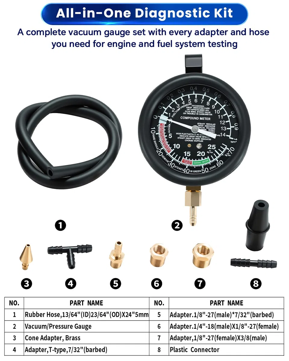 ATPEAM Vacuómetro de Vacío 0-30 inHg, Medidor de Vacío Profesional para Diagnóstico de Automóviles, Motos y Sistemas de Combustible