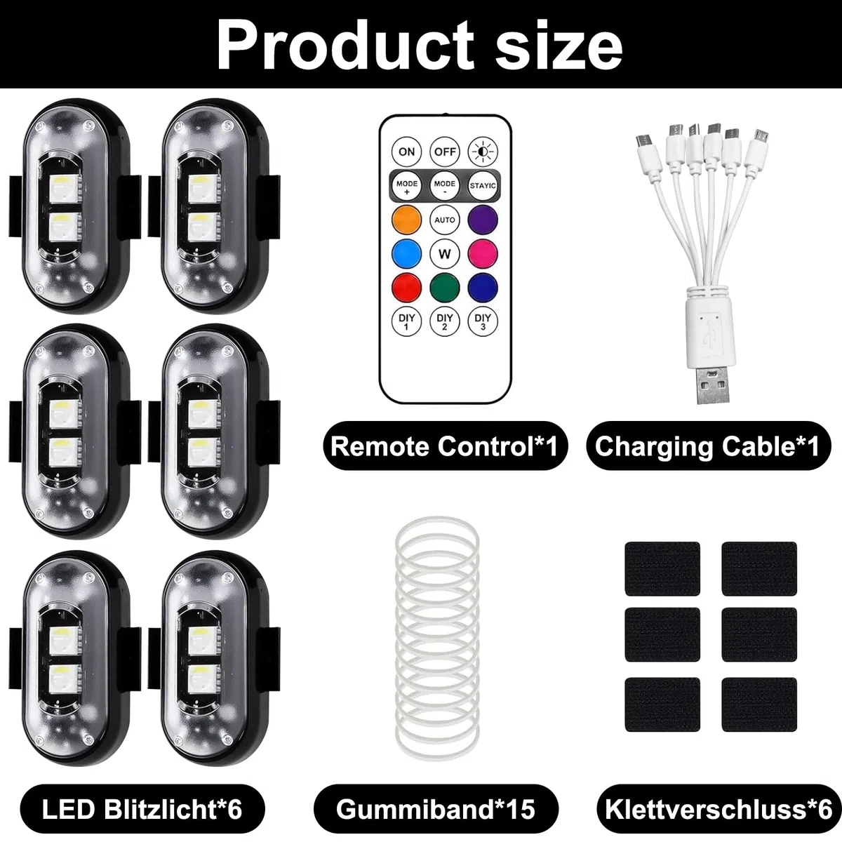 6 Piezas Luces Estroboscópicas LED, 8 Colores Inalámbrico Lampada Stroboscopica LED Impermeable con Mando a Distancia, Carga USB, para dron, camión, Motocicleta y Bicicleta