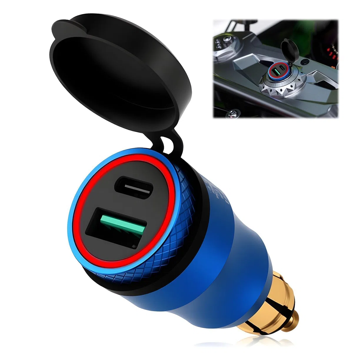 30W Cargador Enchufe DIN para Motocicleta Aluminium Admite Carga Rápida Type C+USB Integra un Indicador LED de Energía a Prueba de Agua para 12V-24V BMW Ducati Triumph