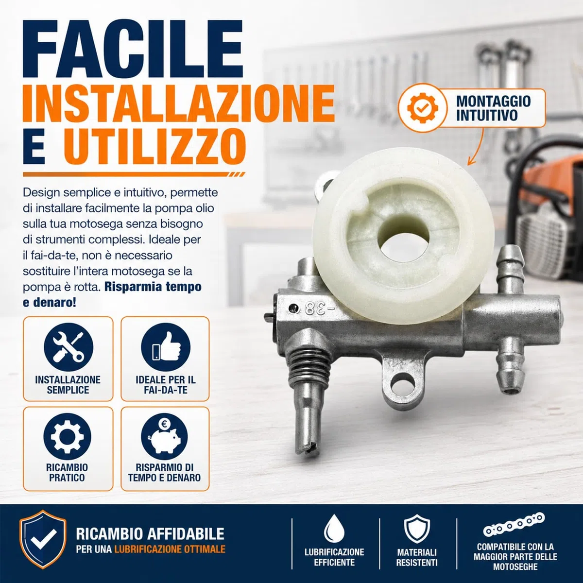 Bomba de aceite de cadena de tornillo para motosierra – Se adapta a 25 cc/38 cc – Compatible con Husqvarna, EFCO, Oleo Mac, y otras marcas – Fácil instalación – Alta calidad