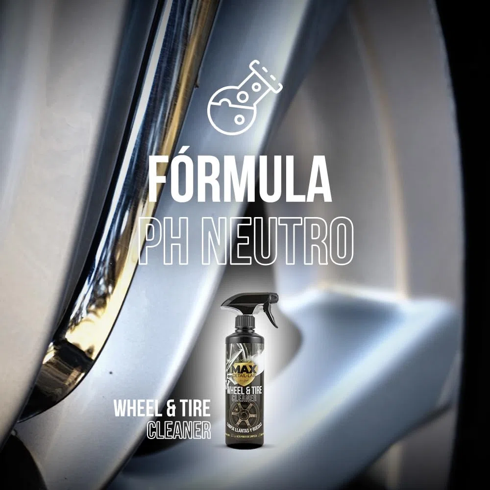 MAX DETAIL-LAB - Wheel & Tire - Limpia Llantas Coche Sin Ácido, Iron Cleaner Descontaminante Ferrico, Triple Acción Sin Frotar, Desengrasante Abrillantador, Kit Limpieza Detailing Profesional 500ml