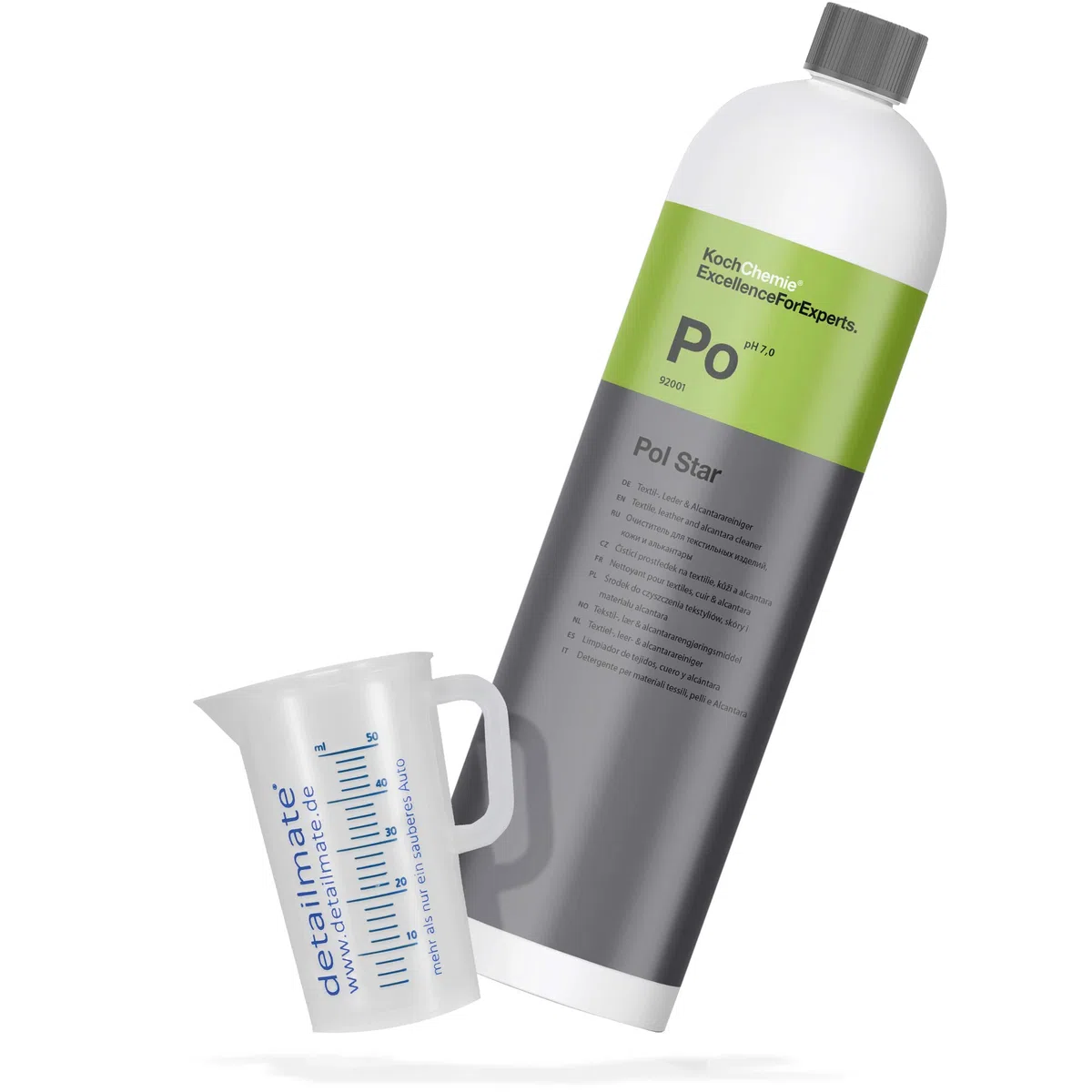 detailmate Interior Cleaning Set - Koch Chemie POL Star Limpiador de Textiles, Cuero y Alcántara 1 litro - vaso medidor de 50 ml, resistente a productos químicos