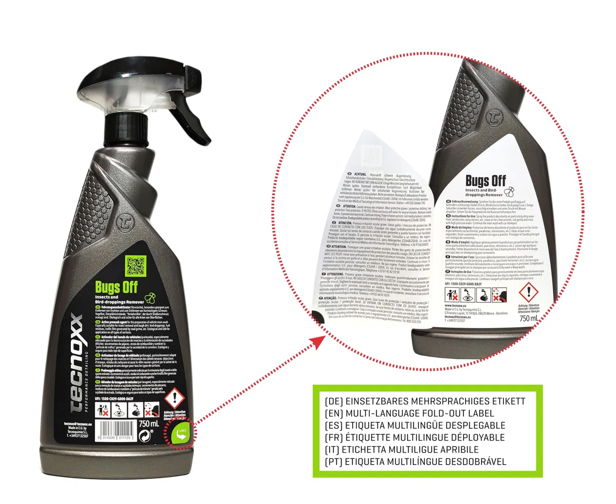 Tecnoxx – Bugs Off Limpiador de Mosquitos Eliminador de Insectos y excrementos Aves en Parabrisas y Carrocería - Envase Grande 750ml con pulverizador