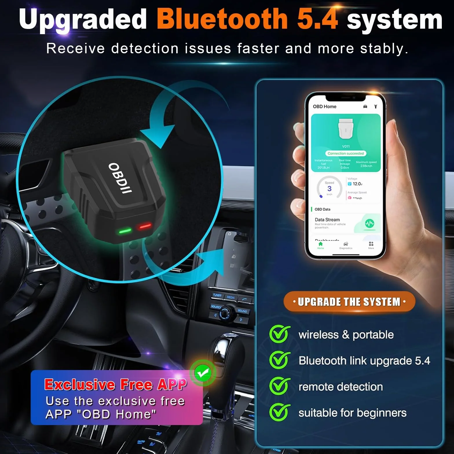 Lector de código de automóvil con escáner inalámbrico avanzado OBD2, con detección automática de Motor Bluetooth 5.4, Mini Herramienta de diagnóstico automático para iOS, Android y Windows