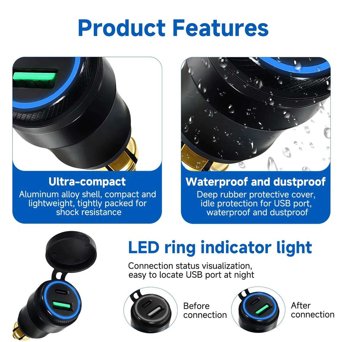 Cargador USB Moto Impermeable 30W 5A QC 3.0 Enchufe Mechero 12V Adaptador Rápida con LED Azul para BMW Motorrad Ducati Triumph Z900