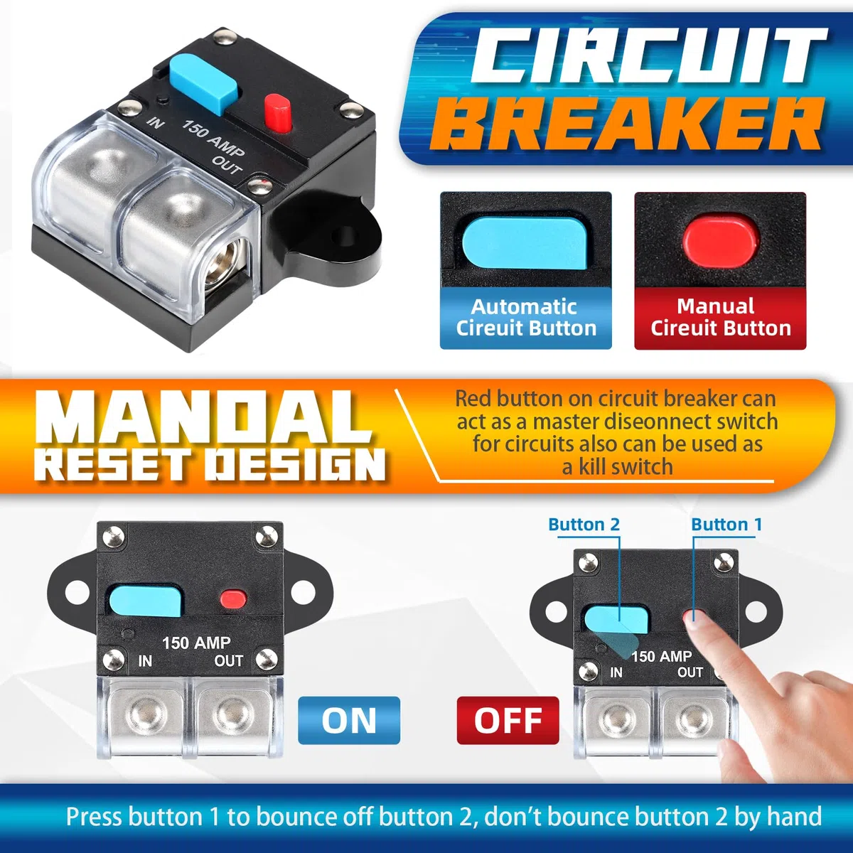 150 A Disjoncteur à réarmement automatique 12V / 48V Disjoncteur à réarmement automatique DC 12V-48V Disjoncteur de tension audio étanche Réarmement manuel pour voiture Automobile Marine RV C