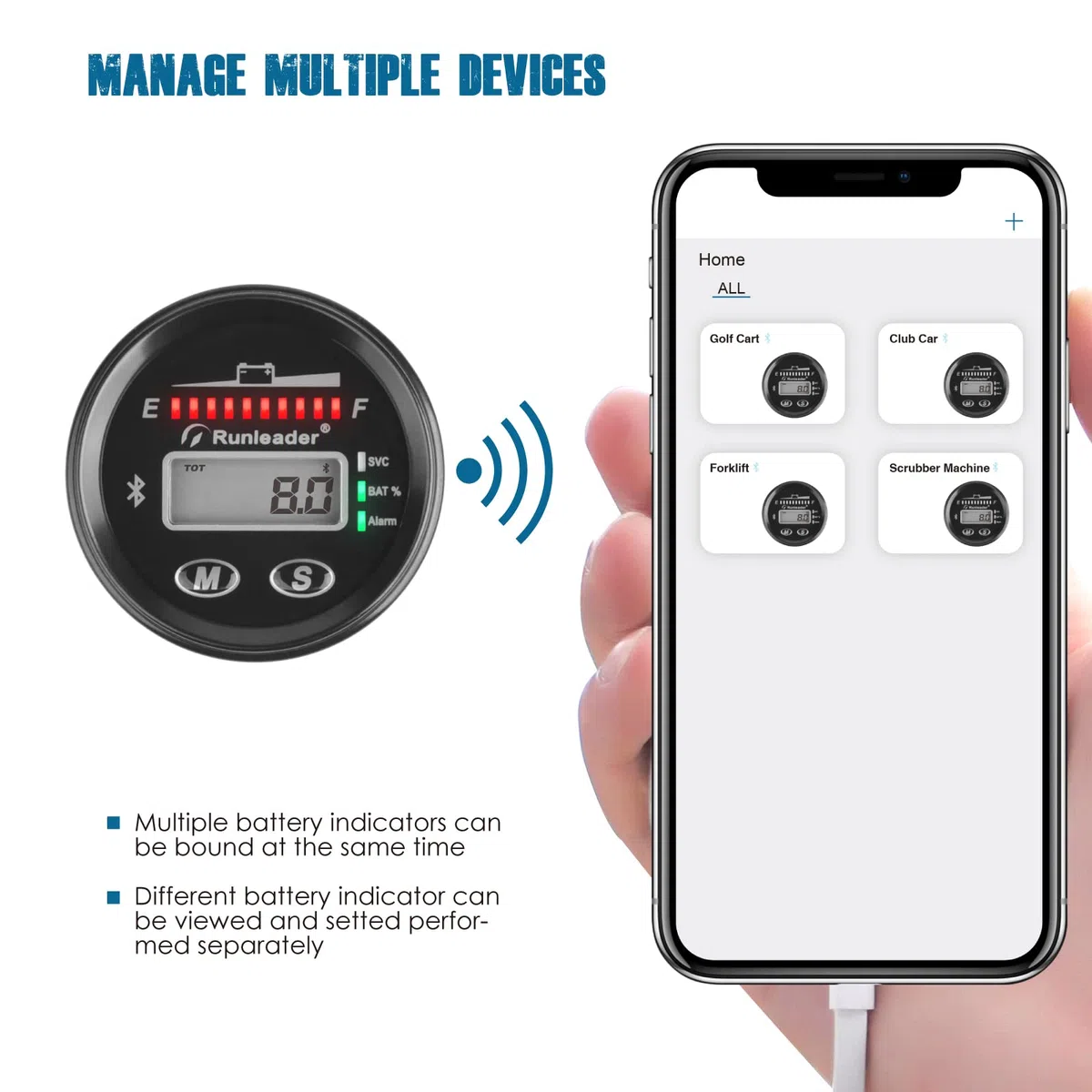 Runleader 12V a 48V indicateur de batterie Bluetooth LED, Record d 'Heures de fonctionnement pour l 'acide de Plomb Gel de Litio AGM LiFePO4 alimente par la batterie de voiturette de Golf Go-Kart