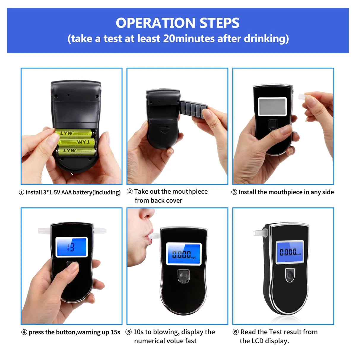 Alcoholimetro Digital Homologado, Profesional Portátil de Alcohol con Pantalla LCD, Semi-Conductor de la Tecnología de Sensor, 20 Boquillas, 3 baterías AAA