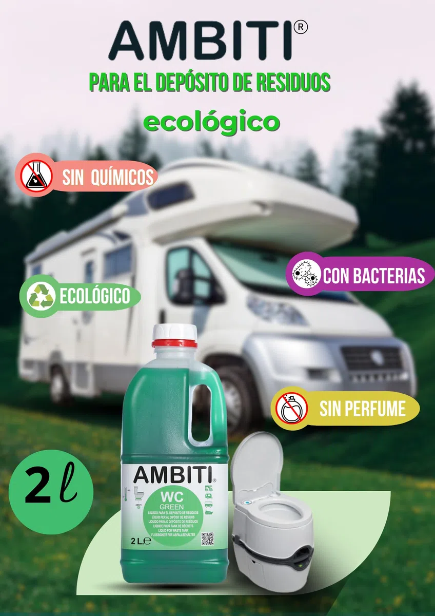 Ambiti WC Green| Líquido WC para Depósito Residuos | Para Caravana, Autocaravana, Camper y Barco | Aditivo sin perfume para Inodoros Portátiles | Biodegradable | Limpia, Higieniza y Desodoriza | 2L