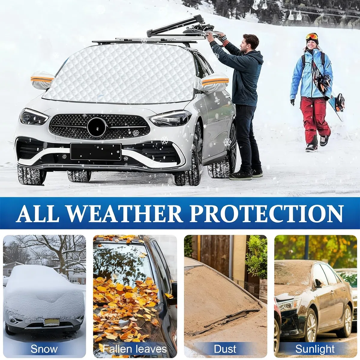 Protector Parabrisas Hielo, Funda Coche Antiheladas con 10 Imanes, Universal Antihielo y Nieve, UV, Lluvia, Cubierta Plegable para Parabrisas Coche, Protección Total para Invierno