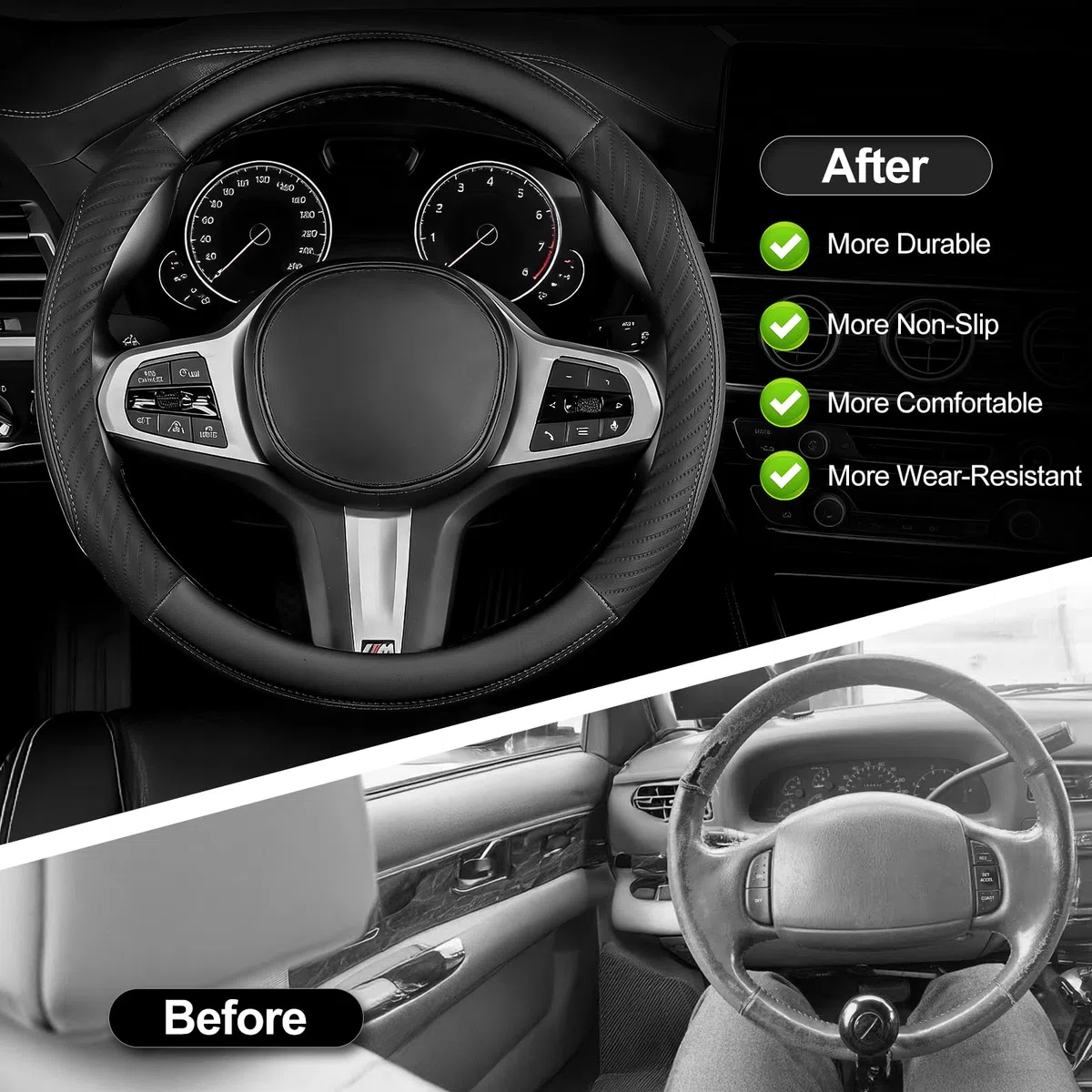 Funda de cuero para volante de automóvil, funda de microfibra suave, tamaño universal M, 37-38 cm, antideslizante, transpirable, color negro