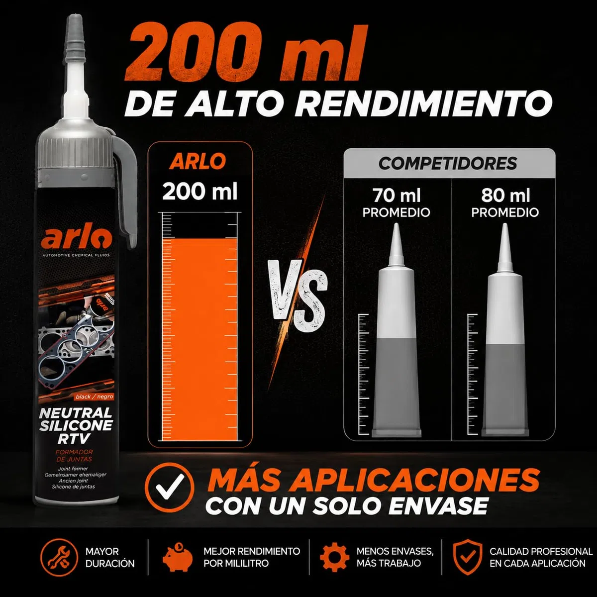 Arlo Formador de Juntas Silicona RTV Alta Temperatura para Motor y Cárter, Sellador Negro 200 ml