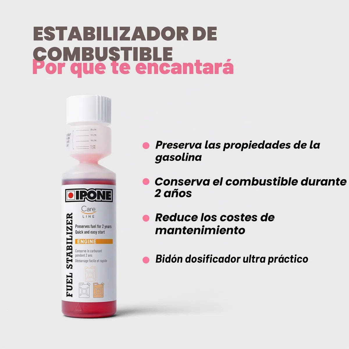 IPONE - Estabilizador de Combustible Fuel Stabilizer - 250 ml - Ideal para el Invernaje - Conserva el Combustible Durante 2 años