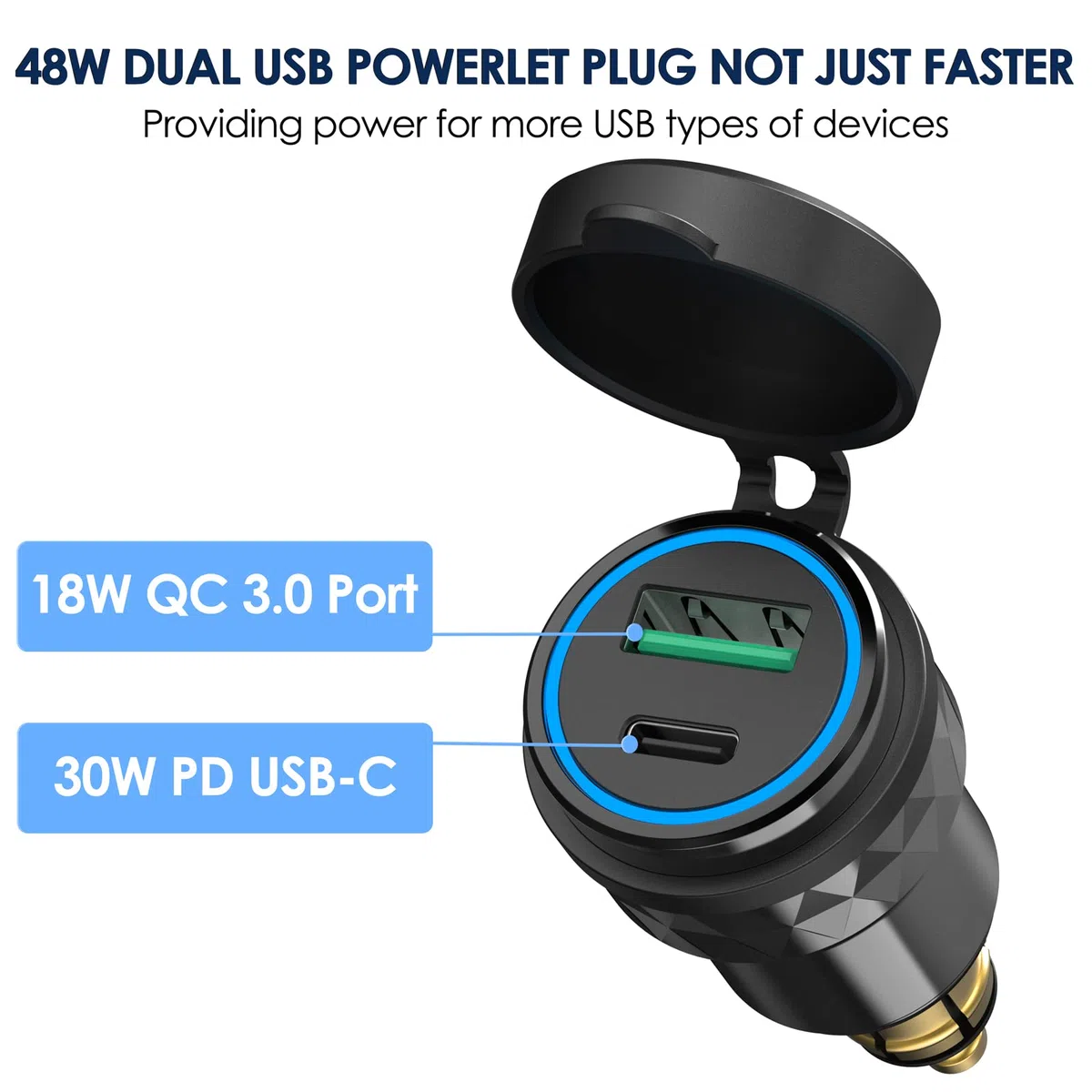Motorcycle DIN USB C Socket: Qidoe Aluminum PD 3.0 & QC 3.0 Dual USB DIN Hella Plug Fast Charger Adapter with Blue LED for 12V-24V BMW, Ducati, Triumph Tiger and Other European Style Motorcycles