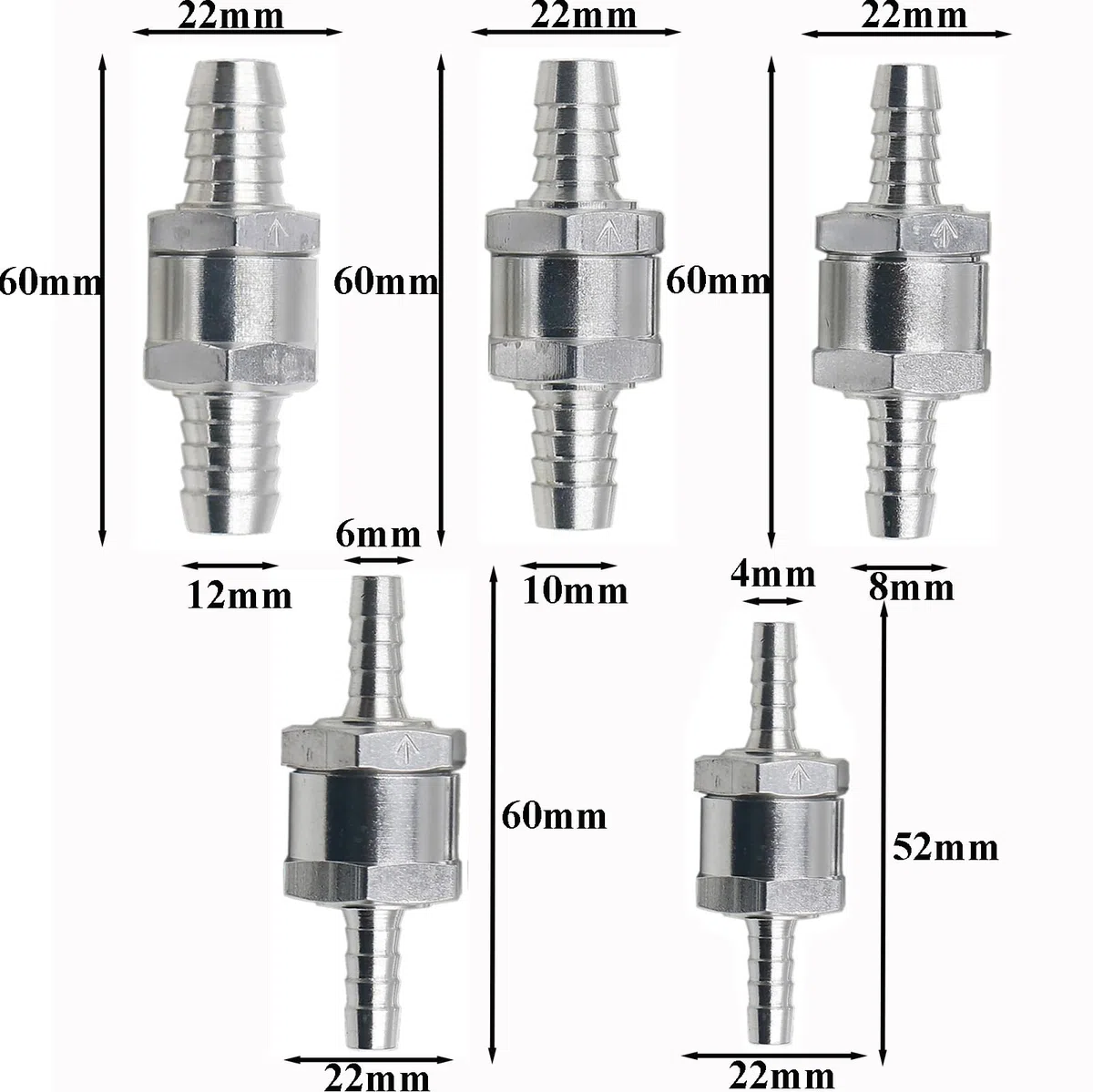 Válvula Antirretorno Unidireccional 5 Piezas Válvula de Retención de Combustible Valvula Anti Retorno Agua Válvula Antirretorno de Aluminio para Automóvil, Barco, Helicóptero (4mm 6mm 8mm 10mm 12mm)