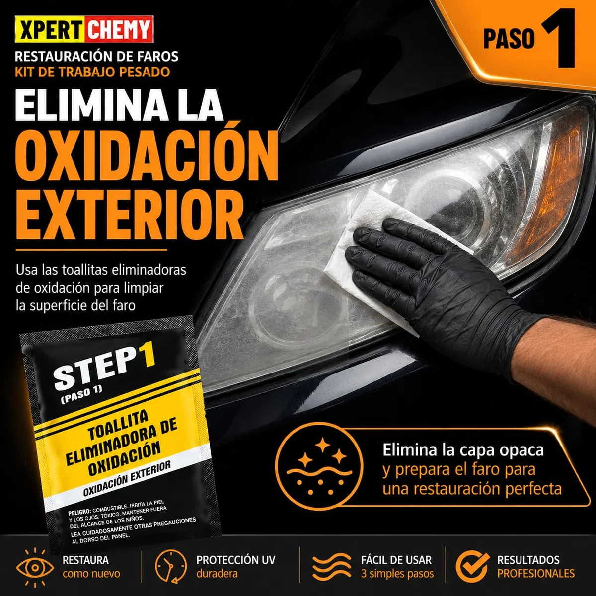 XPERTCHEMY Kit de Restauración de Faros de Coche, Limpiador para Faros Amarillentos y Opacos, 3 Pasos, Sin Herramientas Eléctricas, con Protección Cerámica UV