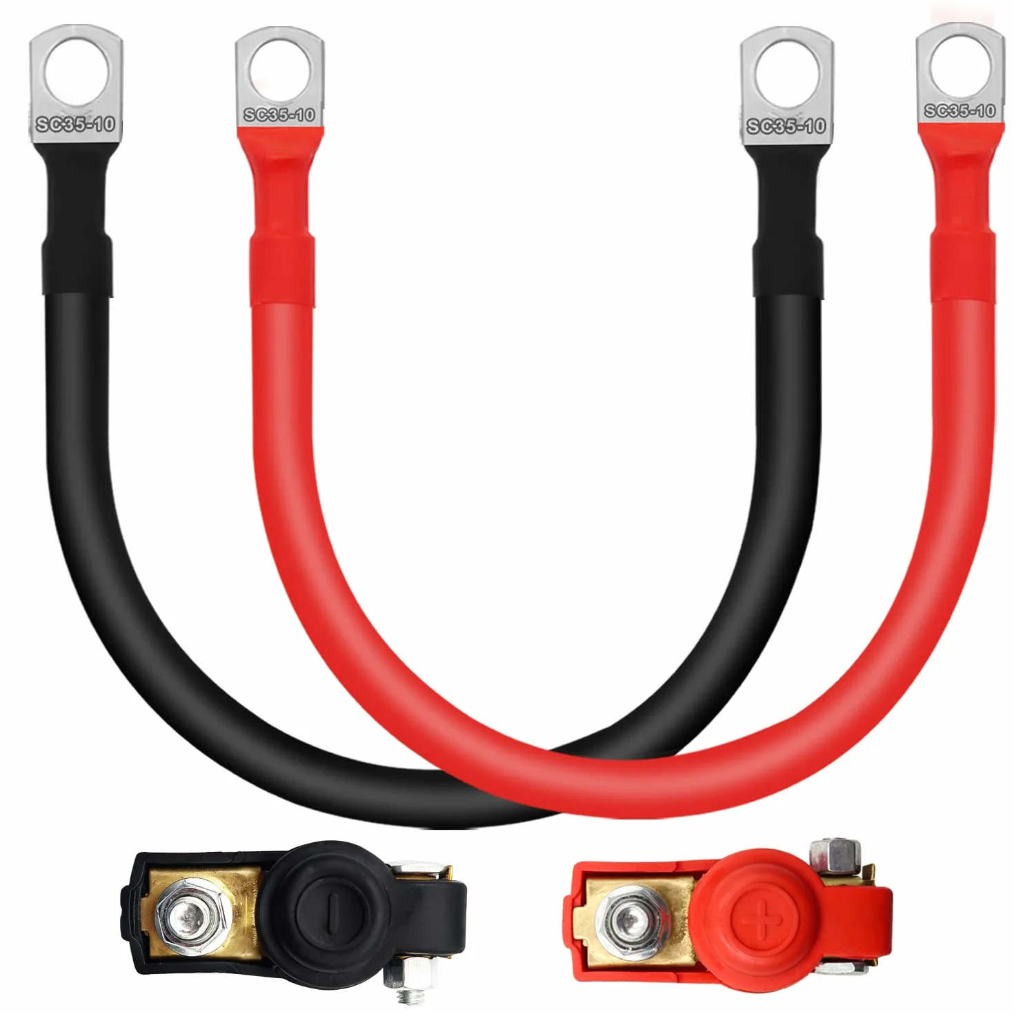 Cables de Batería 35mm² 2AWG, 2Pcs Bateria Cables Inversores, Cable Arranque Bateria Coche con Terminales de Anillo, para Solar, Camión, Motocicleta, Marino, RV