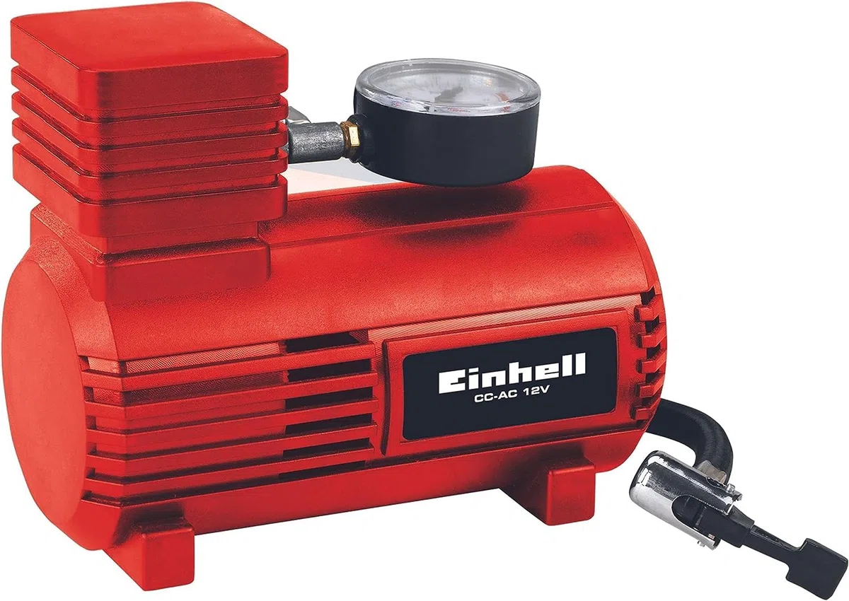 Einhell Compresor de aire para coche CC-AC 12V (manómetro de 18 bar máx., manguera de aire, 3 adaptadores de accesorios, cable de alimentación de 2,90 m con enchufe de encendedor de 12V)