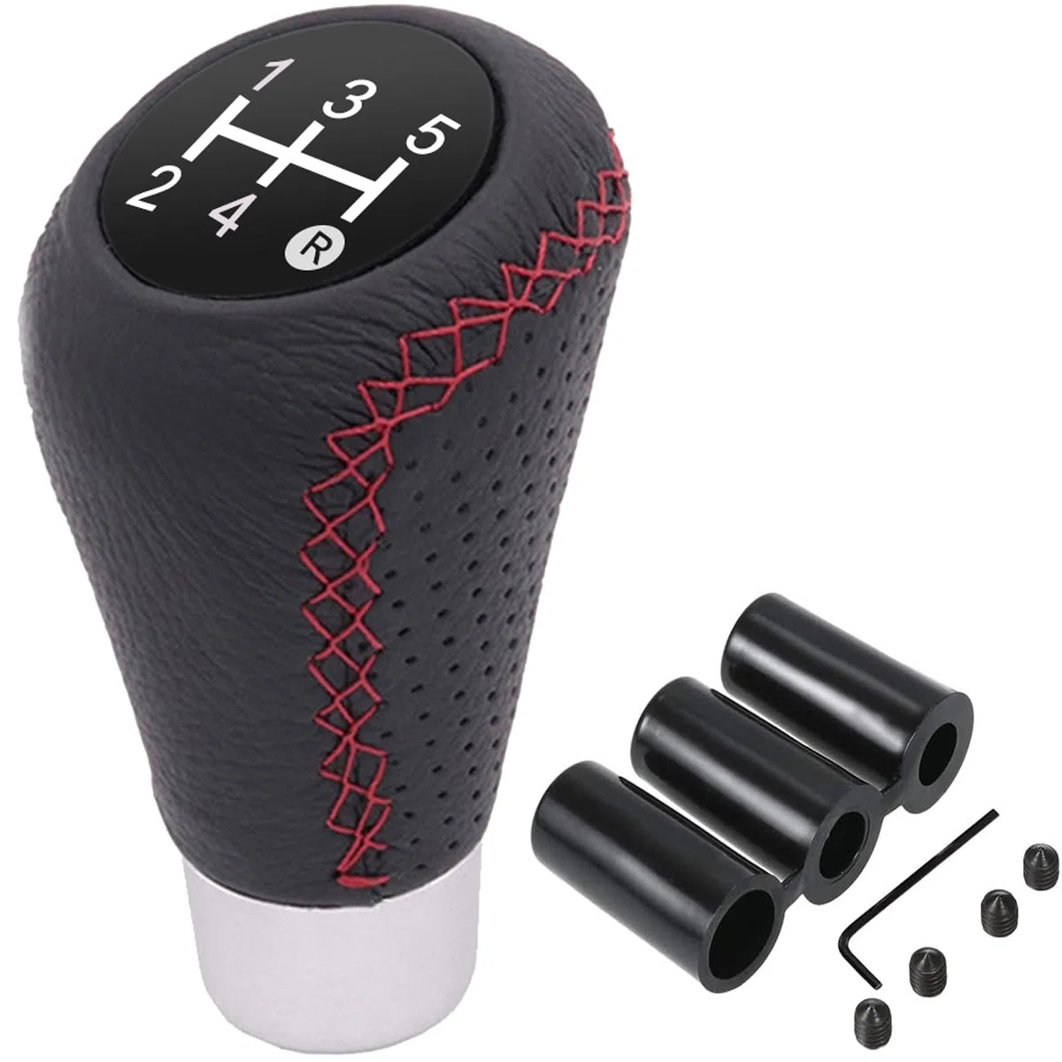 OBEST Pomos de Palanca Cambios Coche Manual Universal, 5 velocidades Perilla de Cambios de Piel para Coche de Transmisión Manual con 8mm 10mm 12mm Adaptador