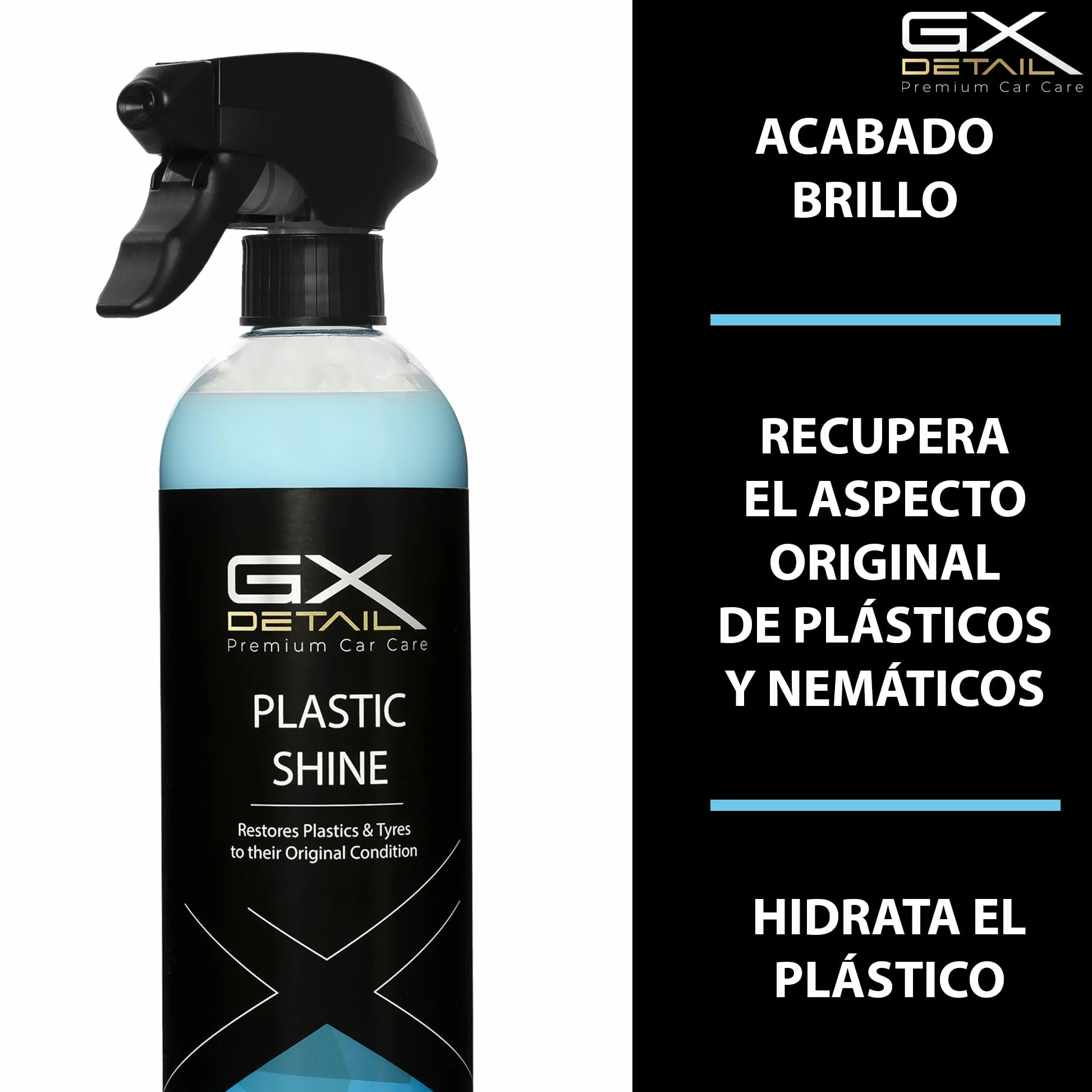 GxDetail Recuperador de Plásticos y Abrillantador Hidratador de Plástico y Neumáticos Coche y Moto 1 Litro – Recuperador de Gomas Viejas, Interior, Exterior, Ruedas.