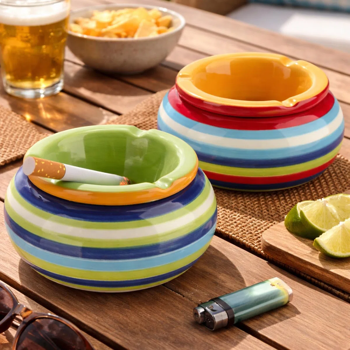 COM-FOUR® cenicero de viento 2x de dolomita - cenicero de tormenta resistente a la intemperie de cerámica - cenicero de mesa pequeño con tapa - diseño con rayas de colores (002 piezas - Mix1)