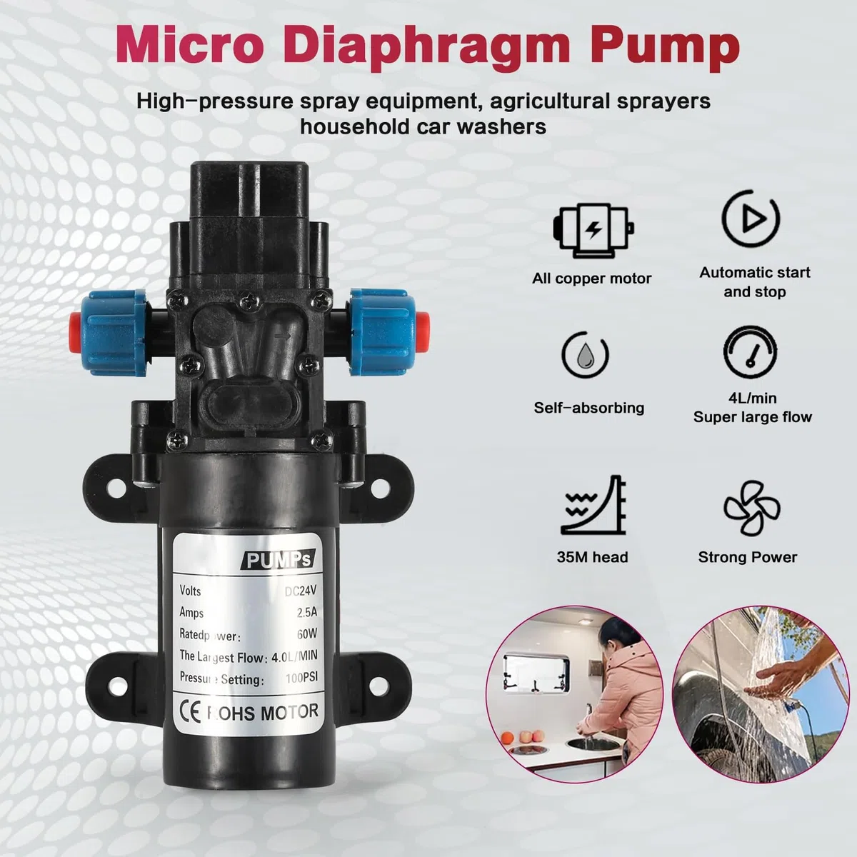 DEWIN Bomba de agua de diafragma autocebante, 24V 4L/min Bomba de agua de microdiafragma DC 60W Bomba de diafragma con arranque y parada automáticos para RV, yate, jardín, autocaravana