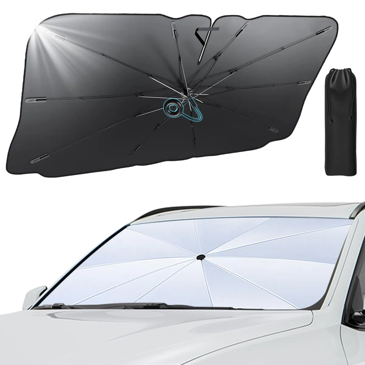 Parasol Coche 10 Bone Marco de Acero Completo Marco con Punta de Goma Blanda Diseño con cordón Excelente Resistencia a la luz y al Calor Parasol Coche Delantero 135 x 75CM