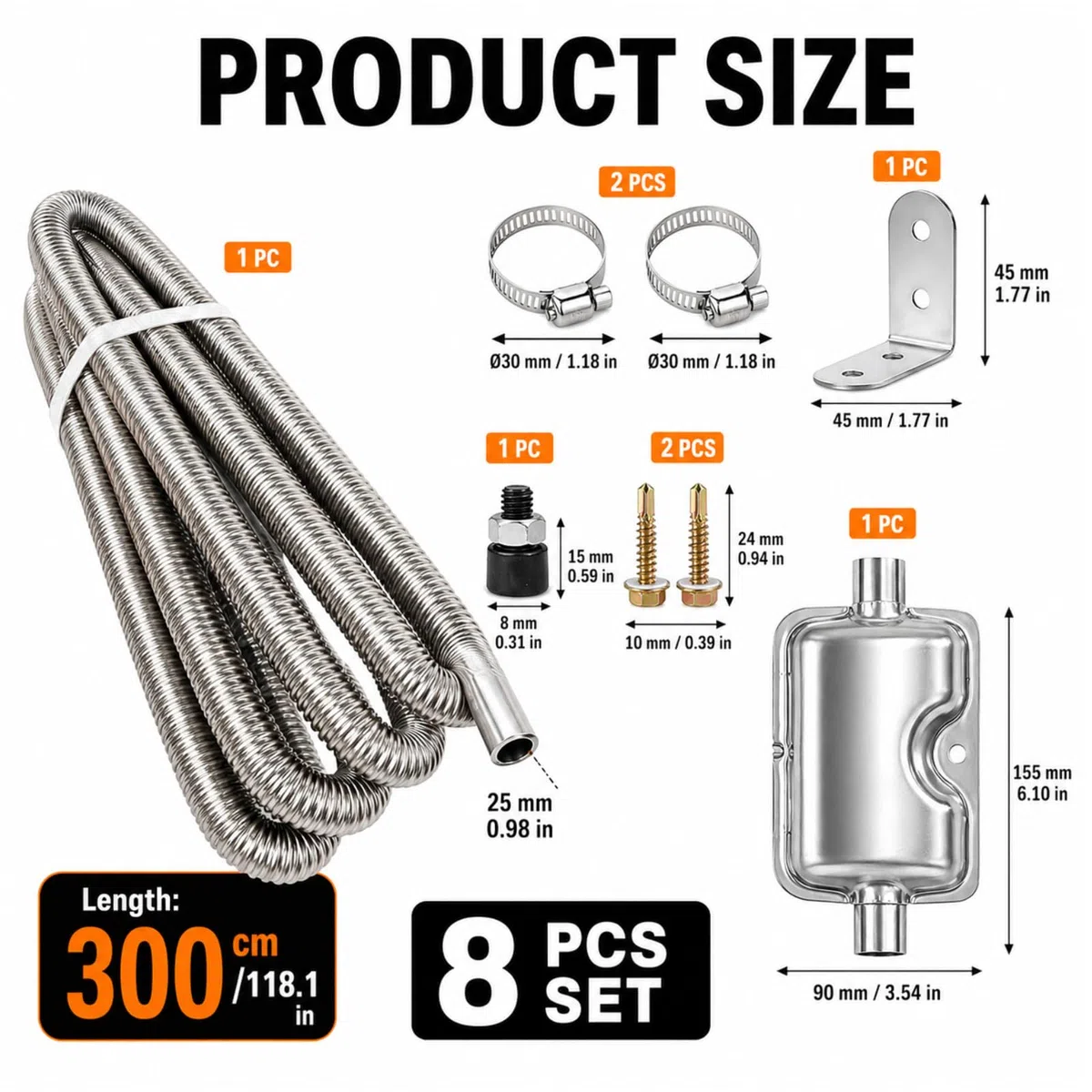1 Piezas Tubo de Escape Incluye 2 Pinzas de Acero Inoxidable, Manguera de Escape de Acero Inoxidable Diámetro Interior 25 mm, Longitud 300 cm, Adecuado para Calefacción Diésel En Autocaravana