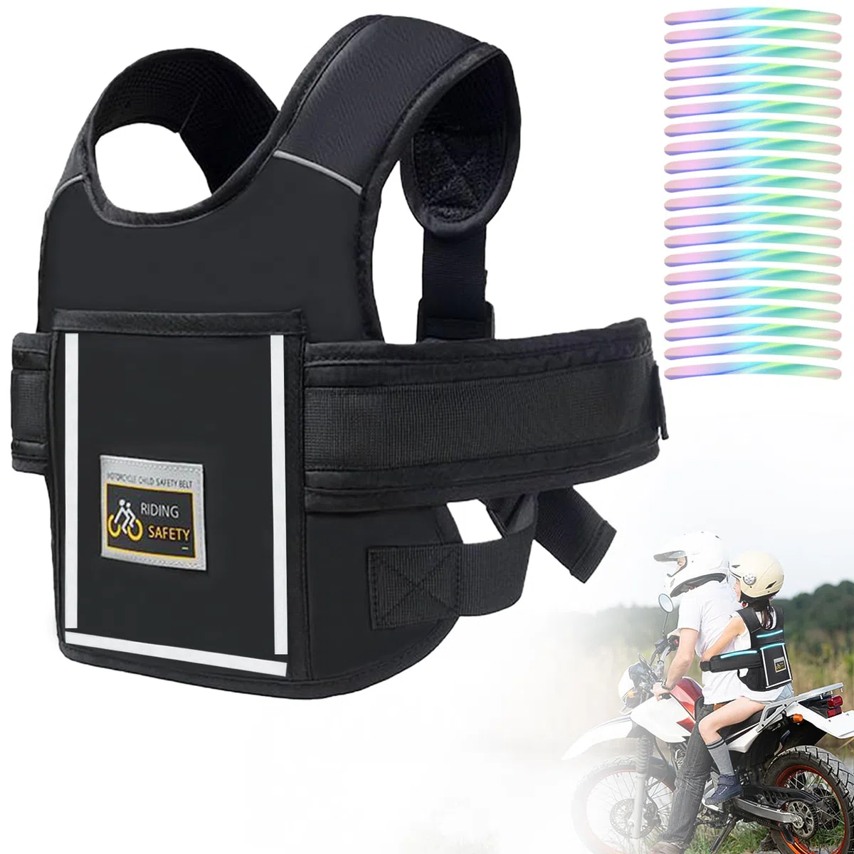Cinturón de seguridad para motocicleta para niños, cinturón ajustable para moto, transpirable, con tiras reflectantes para niños entre 2 y 15 años