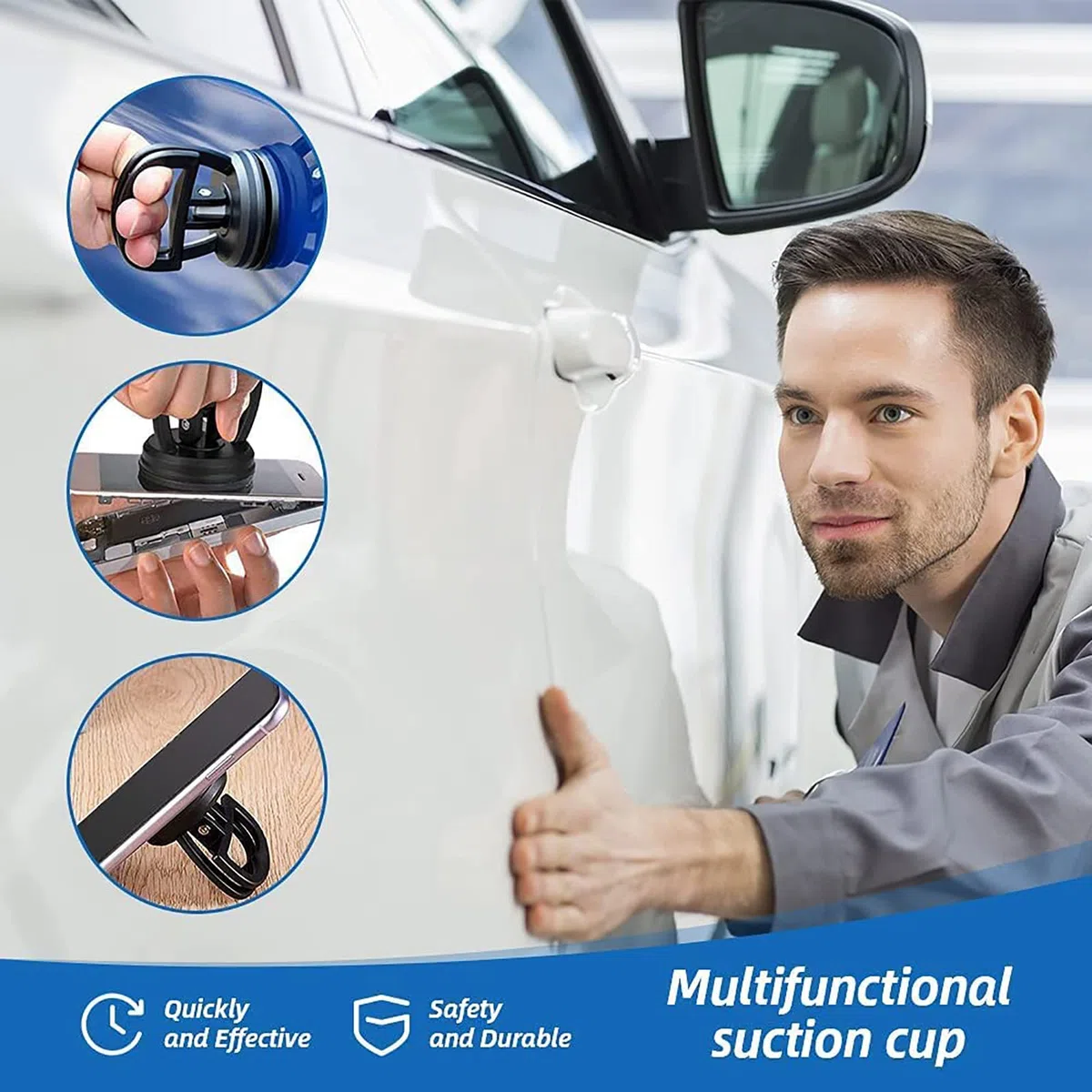 2 herramientas de reparación de abolladuras de coche, extractor de abolladuras, ventosa para coche, carrocería y abolladuras, herramienta para quitar abolladuras, para azulejos y espejos (Negro)