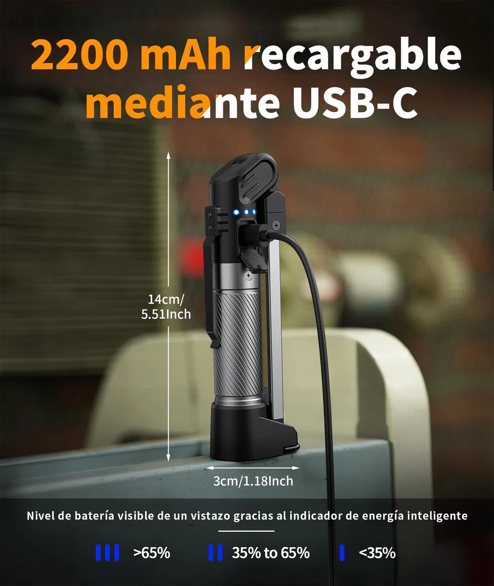 HOTLIGH Linterna Taller - 800 Lúmenes Linterna LED Recargable con Diseño Plegable Multifuncional, 2200 mAh Luz Portatil LED Bateria, 3 Modos de Iluminación Luz Recargable, 1 Paquete